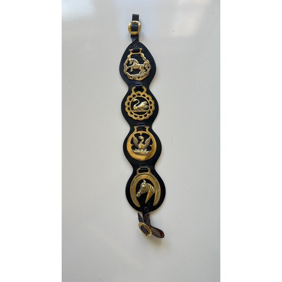 Vintage Leather & Brass Horse Bridle Medallion Strap With Equestrian Designs - Picture 1 of 10